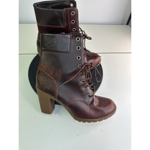Timberland Glancy Brown Leather Lace Up Ankle Boot A18Z6 Block Heel Womens 8.5 - Picture 1 of 10